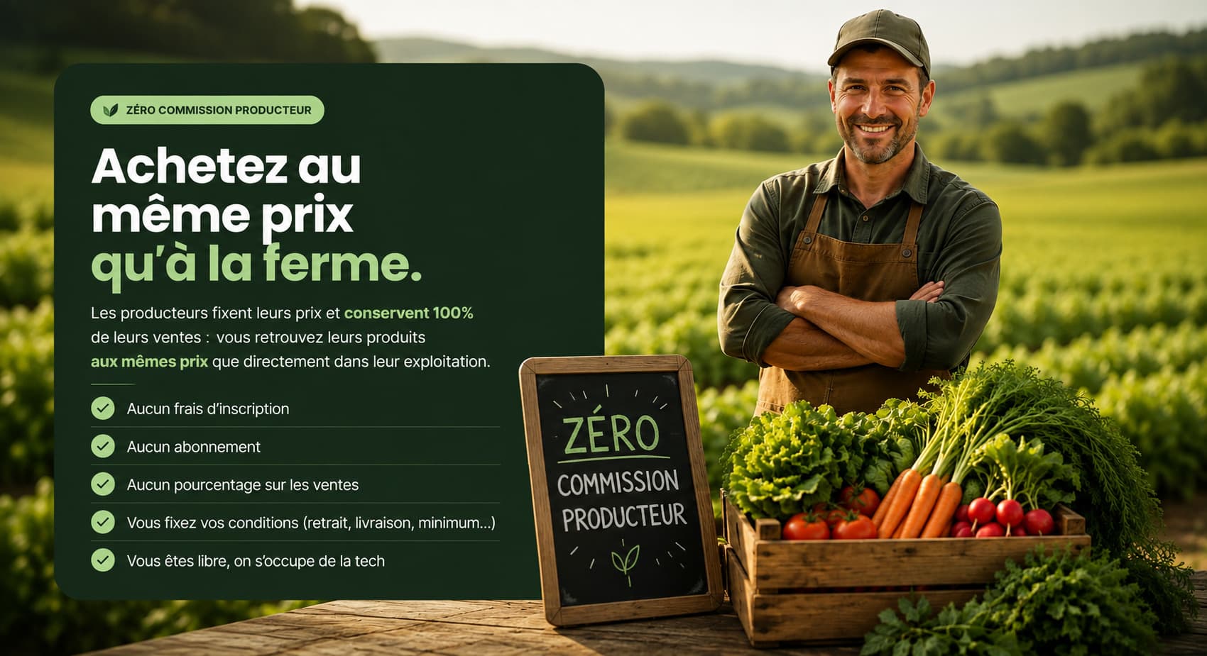 Vous vendez, vous gardez 100 %. bonilo ne prélève rien sur vos ventes : aucun frais d'inscription, aucun abonnement, aucun pourcentage. Vous fixez vos prix et vos conditions — retrait, livraison, minimum de commande.